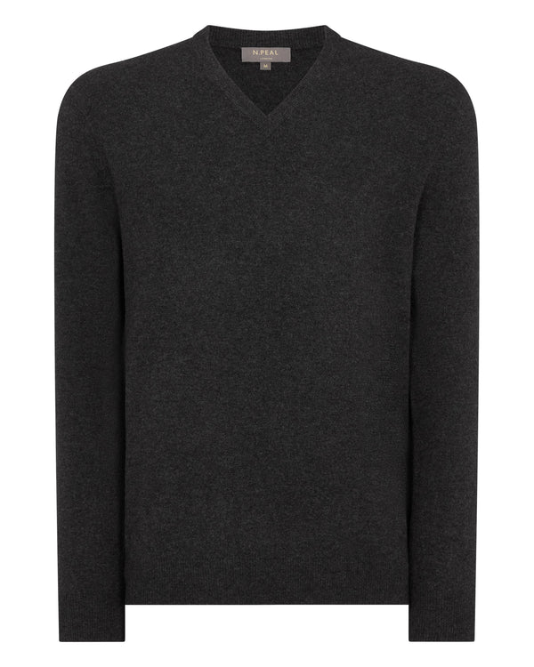N.Peal Men's Burlington V Neck Cashmere Jumper Deep Charcoal Grey