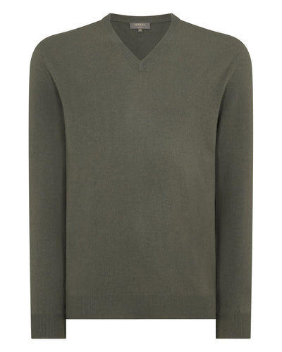 N.Peal Men's Burlington V Neck Cashmere Jumper Olive Green