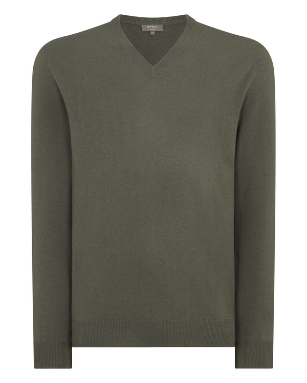 N.Peal Men's Burlington V Neck Cashmere Jumper Olive Green