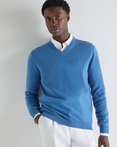 N.Peal Men's Burlington V Neck Cashmere Jumper Sunshine Blue