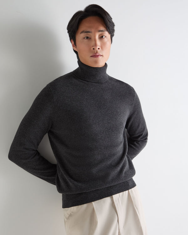 N.Peal Men's Trafalgar Roll Neck Cashmere Jumper Deep Charcoal Grey