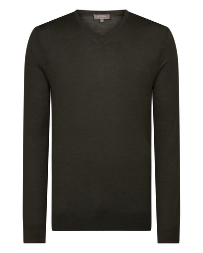 N.Peal Men's Conduit Fine Gauge Cashmere V Neck Jumper Arabica Khaki Green