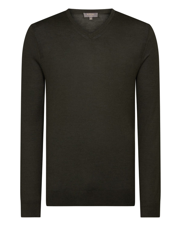 N.Peal Men's Conduit Fine Gauge Cashmere V Neck Jumper Arabica Khaki Green