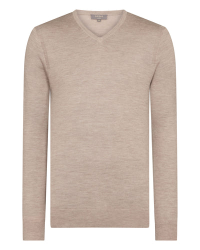 N.Peal Men's Conduit Fine Gauge Cashmere V Neck Jumper Soft Taupe Brown
