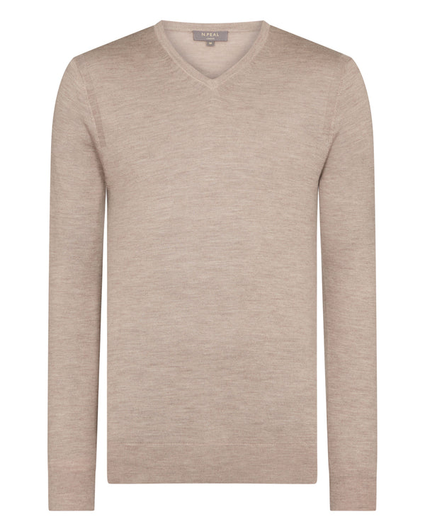 N.Peal Men's Conduit Fine Gauge Cashmere V Neck Jumper Soft Taupe Brown