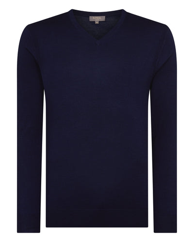 N.Peal Men's Conduit Fine Gauge Cashmere V Neck Jumper Summer Navy Blue