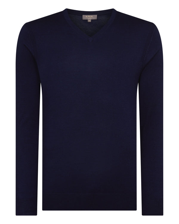 N.Peal Men's Conduit Fine Gauge Cashmere V Neck Jumper Summer Navy Blue