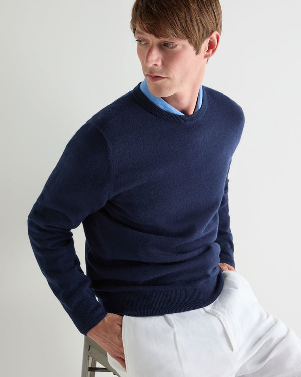 N.Peal Men's Oxford Round Neck Cashmere Jumper Deep French Blue