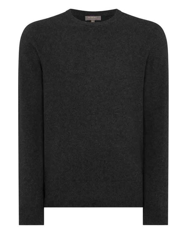 N.Peal Men's Oxford Round Neck Cashmere Jumper Deep Charcoal Grey