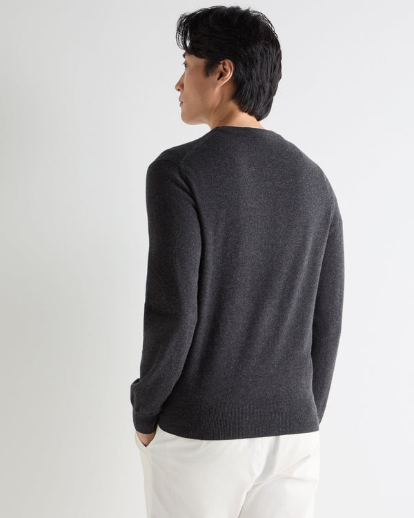 N.Peal Men's Oxford Round Neck Cashmere Jumper Deep Charcoal Grey