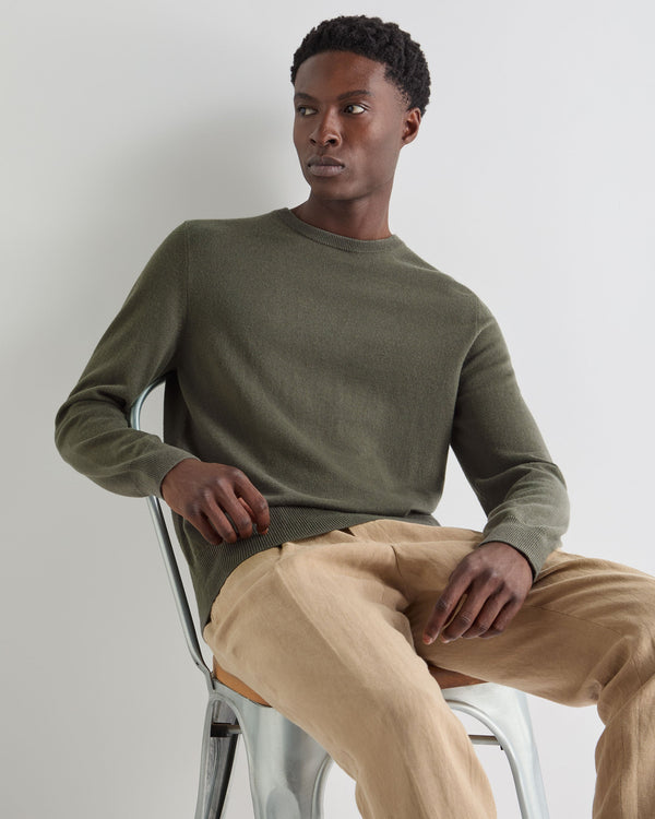 N.Peal Men's Oxford Round Neck Cashmere Jumper Olive Green