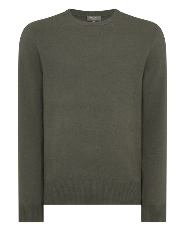 N.Peal Men's Oxford Round Neck Cashmere Jumper Olive Green