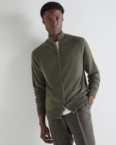 N.Peal Men's Knightsbridge Full Zip Cashmere Jumper Olive Green
