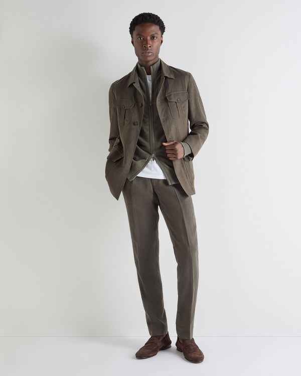 N.Peal Men's Knightsbridge Full Zip Cashmere Jumper Olive Green