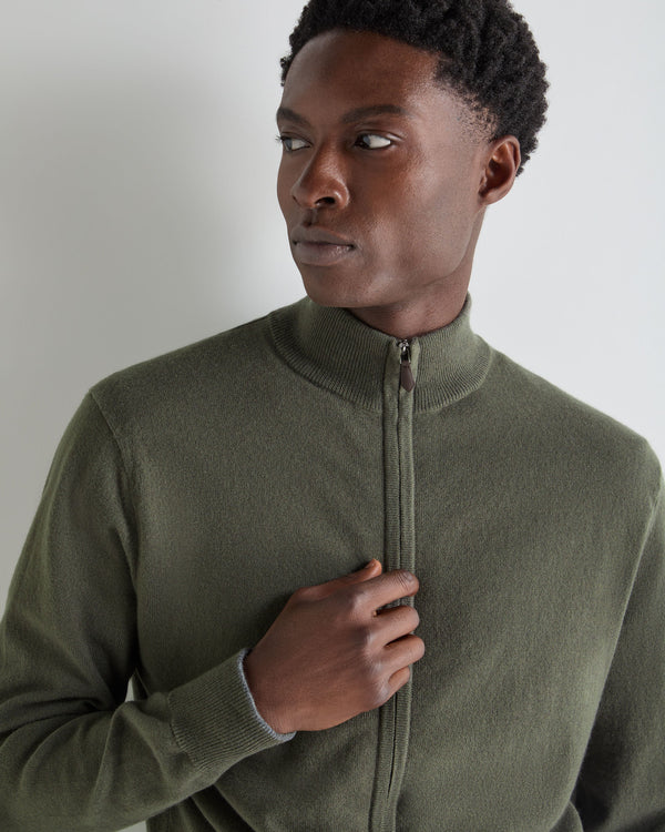 N.Peal Men's Knightsbridge Full Zip Cashmere Jumper Olive Green
