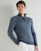 Men's Regent Birdseye Fine Gauge Cashmere Half Zip Jumper Denim Blue Birdseye