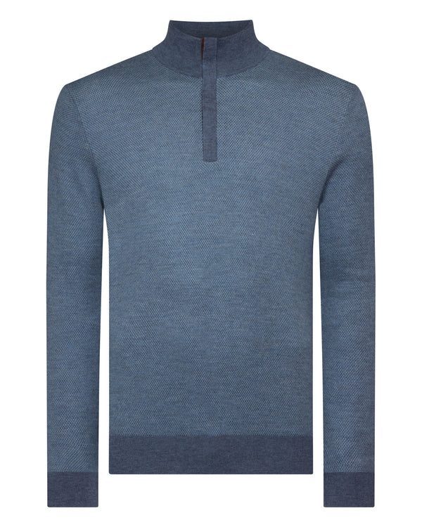 N.Peal Men's Regent Birdseye Fine Gauge Cashmere Half Zip Jumper Denim Blue Birdseye
