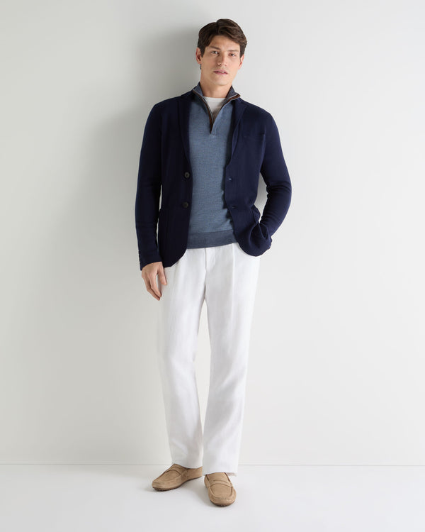 N.Peal Men's Regent Birdseye Fine Gauge Cashmere Half Zip Jumper Denim Blue Birdseye