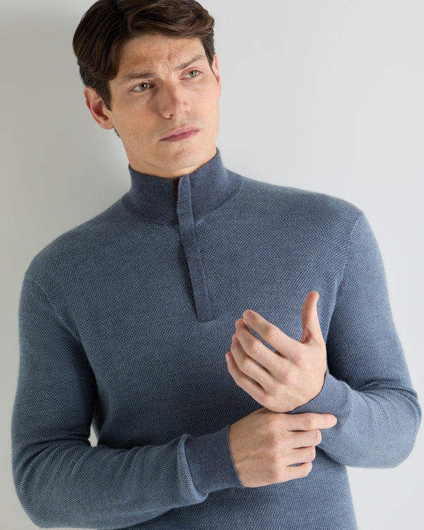 N.Peal Men's Regent Birdseye Fine Gauge Cashmere Half Zip Jumper Denim Blue Birdseye