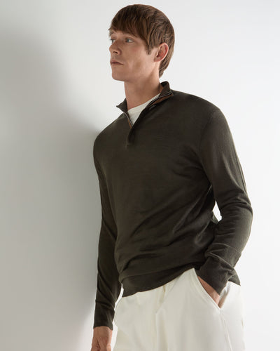 N.Peal Men's Regent Fine Gauge Cashmere Half Zip Jumper Arabica Khaki Green