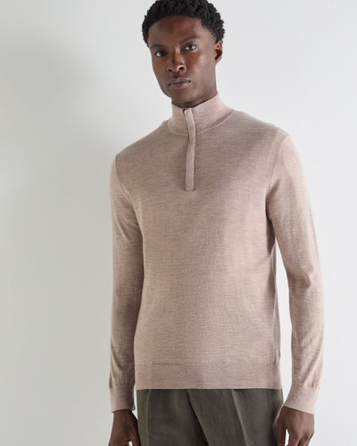 N.Peal Men's Regent Fine Gauge Cashmere Half Zip Jumper Soft Taupe Brown