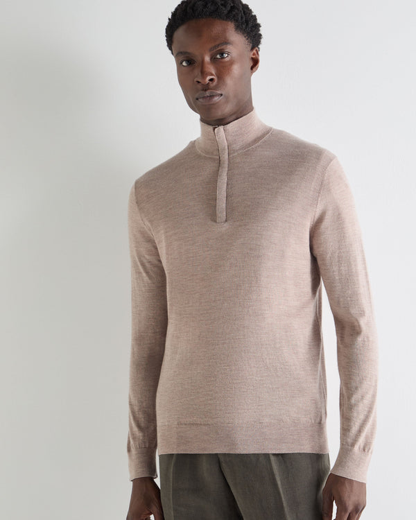 N.Peal Men's Regent Fine Gauge Cashmere Half Zip Jumper Soft Taupe Brown