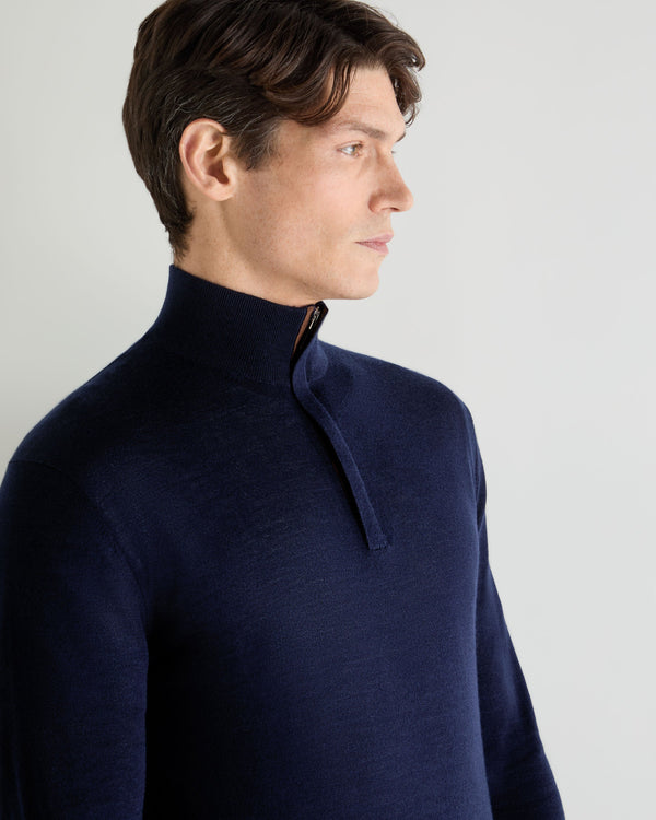 N.Peal Men's Regent Fine Gauge Cashmere Half Zip Jumper Summer Navy Blue