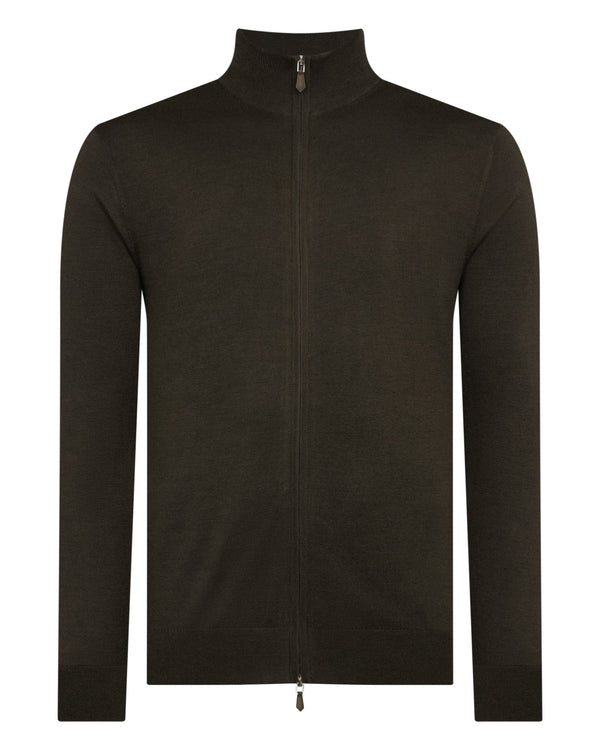 N.Peal Men's Hyde Fine Gauge Cashmere Full Zip Jumper Arabica Khaki Green