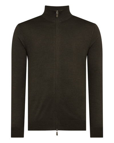 N.Peal Men's Hyde Fine Gauge Cashmere Full Zip Jumper Arabica Khaki Green