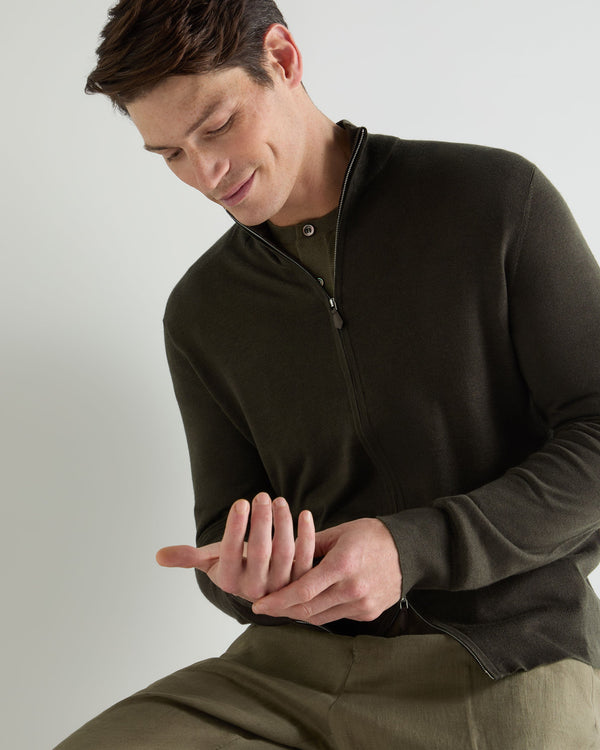 N.Peal Men's Hyde Fine Gauge Cashmere Full Zip Jumper Arabica Khaki Green