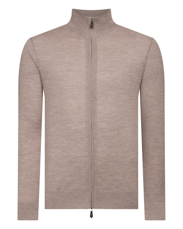 N.Peal Men's Hyde Fine Gauge Cashmere Full Zip Jumper Soft Taupe Brown
