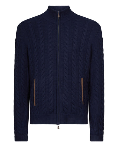 N.Peal Men's Richmond Cable Cashmere Cardigan Deep French Blue