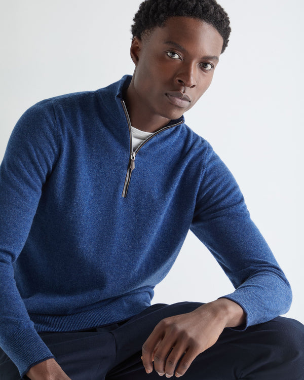 N.Peal Men's Carnaby Half Zip Cashmere Jumper Bright Denim Blue