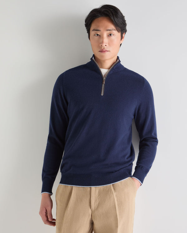 N.Peal Men's Carnaby Half Zip Cashmere Jumper Deep French Blue