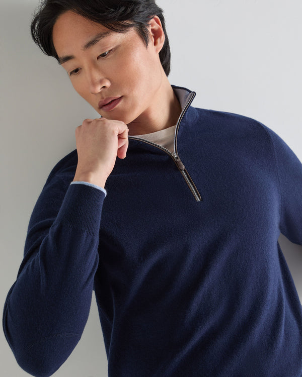 N.Peal Men's Carnaby Half Zip Cashmere Jumper Deep French Blue