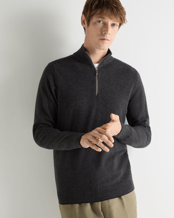 N.Peal Men's Carnaby Half Zip Cashmere Jumper Deep Charcoal Grey