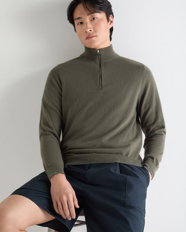 N.Peal Men's Carnaby Half Zip Cashmere Jumper Olive Green