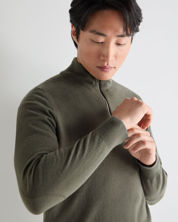 N.Peal Men's Carnaby Half Zip Cashmere Jumper Olive Green