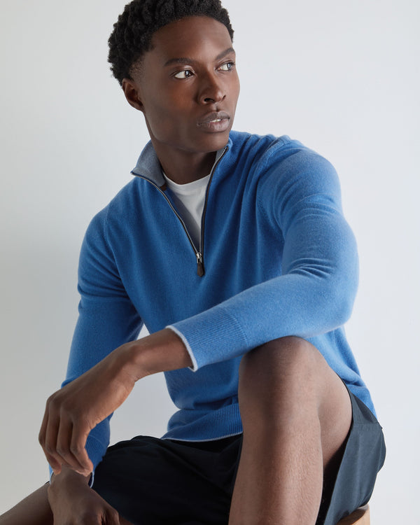 N.Peal Men's Carnaby Half Zip Cashmere Jumper Sunshine Blue