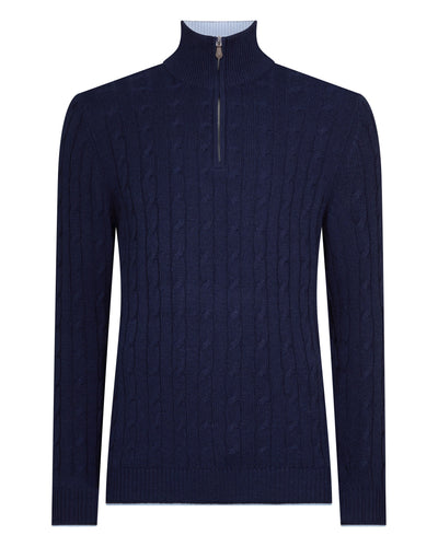 N.Peal Men's Albemarle Cable Half Zip Cashmere Jumper Deep French Blue