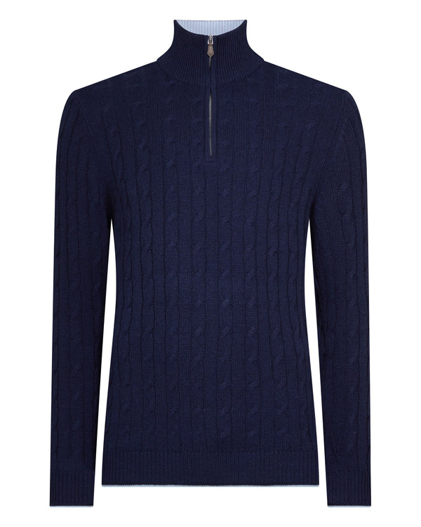 N.Peal Men's Albemarle Cable Half Zip Cashmere Jumper Deep French Blue