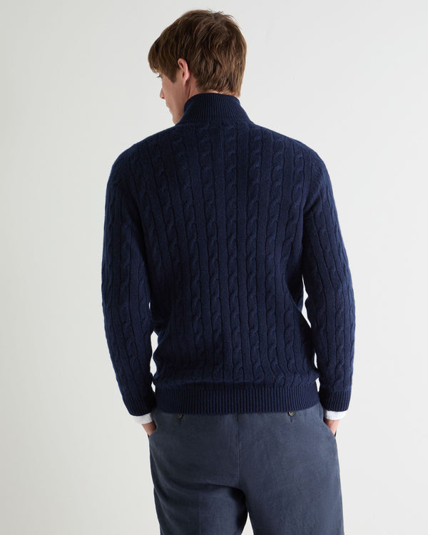 N.Peal Men's Albemarle Cable Half Zip Cashmere Jumper Deep French Blue