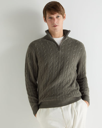 N.Peal Men's Albemarle Cable Half Zip Cashmere Jumper Olive Green