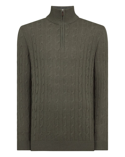 N.Peal Men's Albemarle Cable Half Zip Cashmere Jumper Olive Green