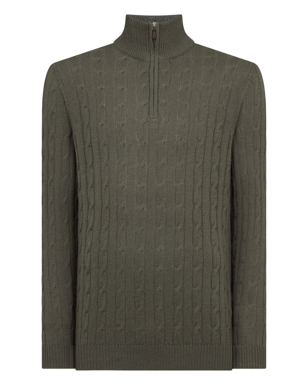 N.Peal Men's Albemarle Cable Half Zip Cashmere Jumper Olive Green