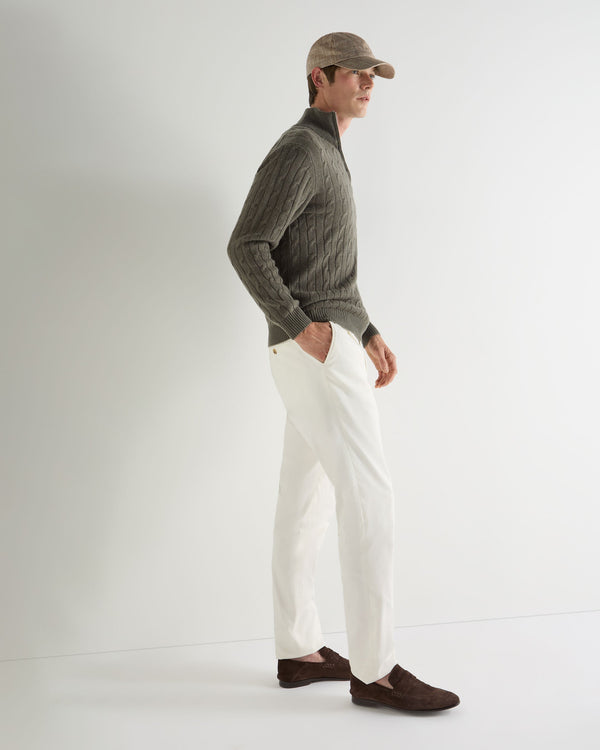 N.Peal Men's Albemarle Cable Half Zip Cashmere Jumper Olive Green