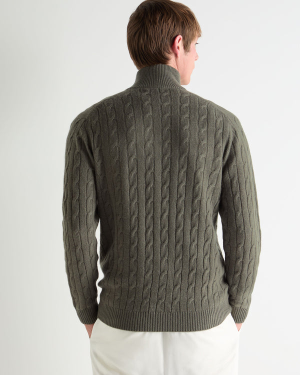 N.Peal Men's Albemarle Cable Half Zip Cashmere Jumper Olive Green