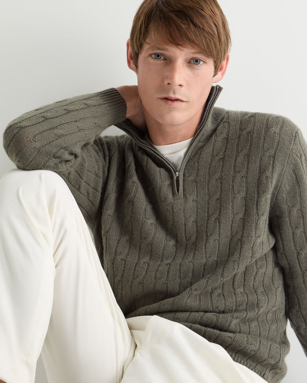 N.Peal Men's Albemarle Cable Half Zip Cashmere Jumper Olive Green