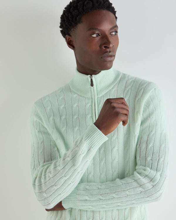 N.Peal Men's Albemarle Cable Half Zip Cashmere Jumper Mint Green