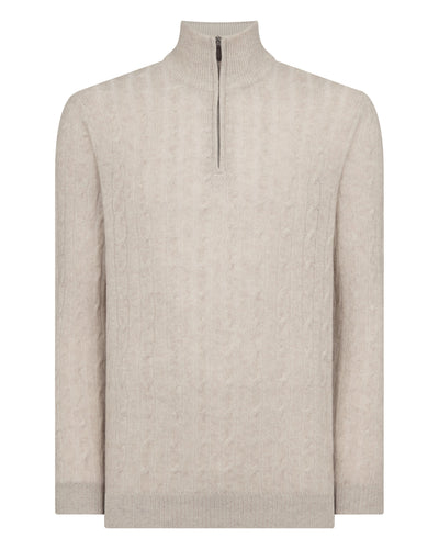 N.Peal Men's Albemarle Cable Half Zip Cashmere Jumper Sand Brown